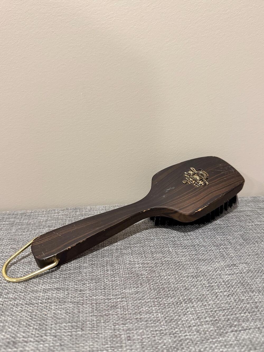 Vintage Japan Wooden Clothes Brush Roman Warrior Metal Emblem Garment Brush